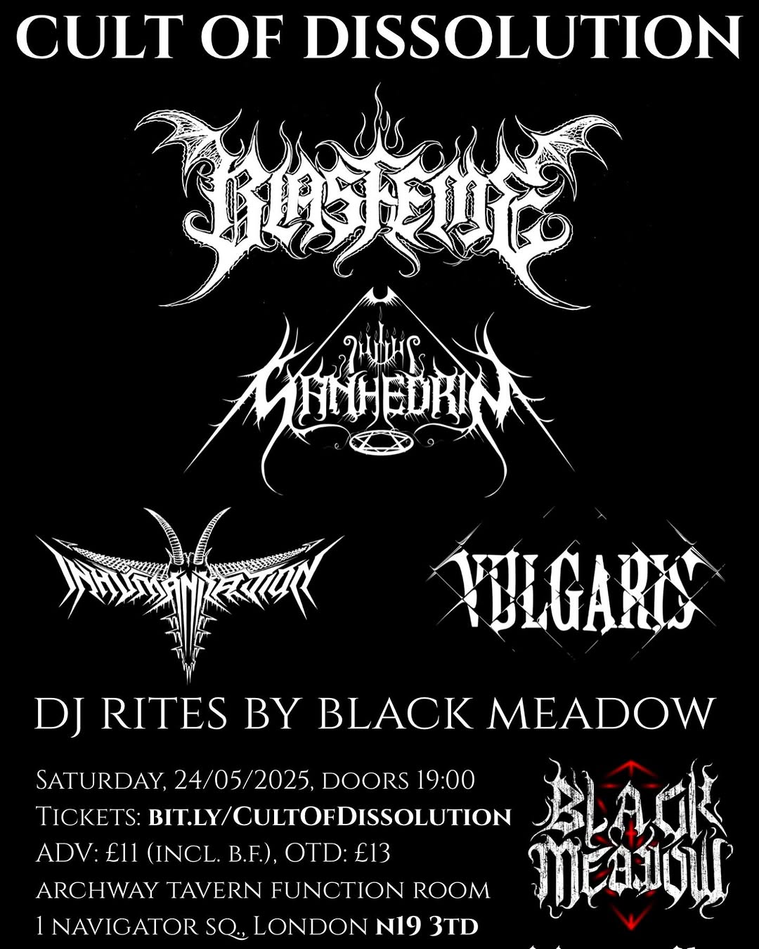Sanhedrin live in London at Archway Tavern with Blasfeme, Inhumanization and Vulgaris – 24 May 2025