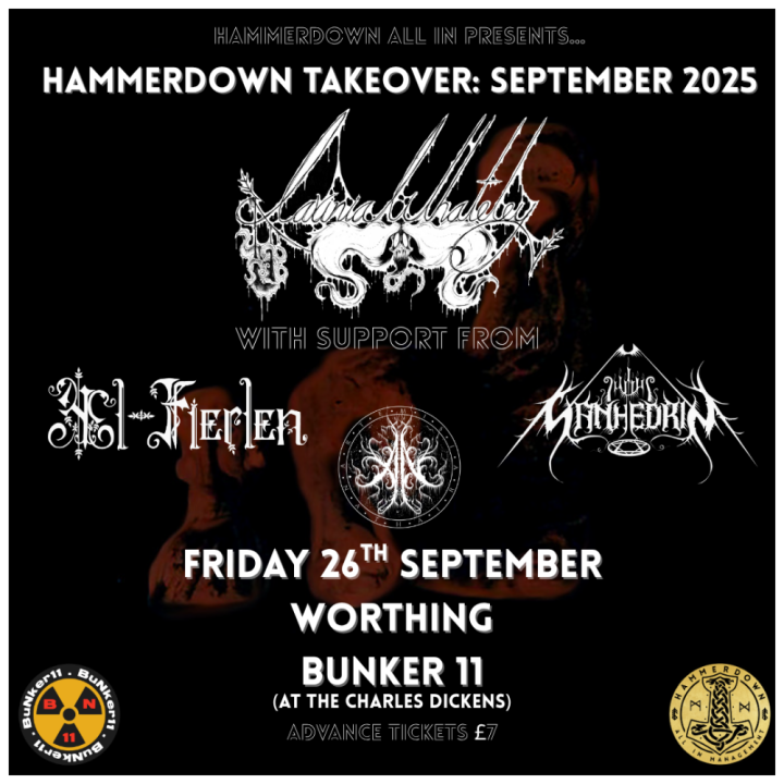 Sanhedrin live in Worthing at Bunker 11 (Charles Dickens) with Lavinia Whateley, Æl-Fierlen and Ahrtemisia Nathair – 26 Sep 2025